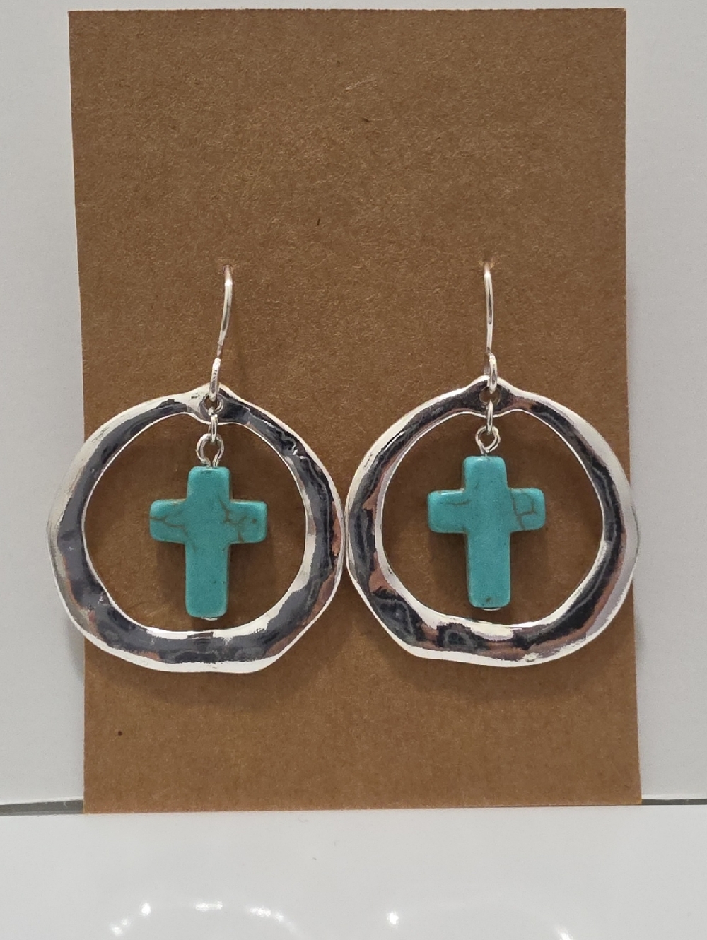 NWOT Turquoise Cross Hoop Earrings - Silver Tone